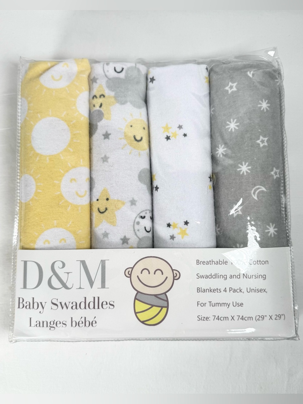 Cotton Baby Swaddles 4-Pack, NEW D&M Yellow, Gray & White Baby Blankets